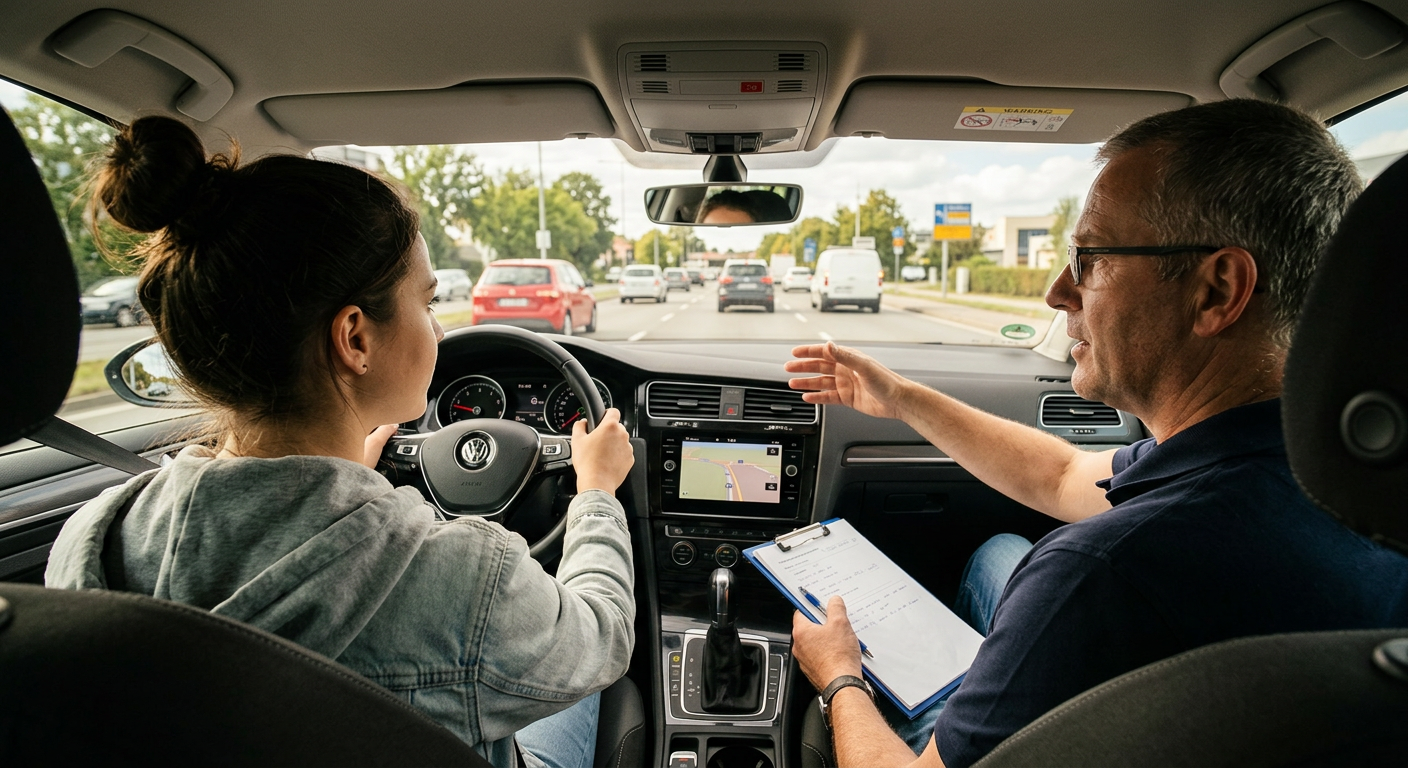 Учениця автошколи СЕРНА 2000 за кермом навчального авто поруч з інструктором